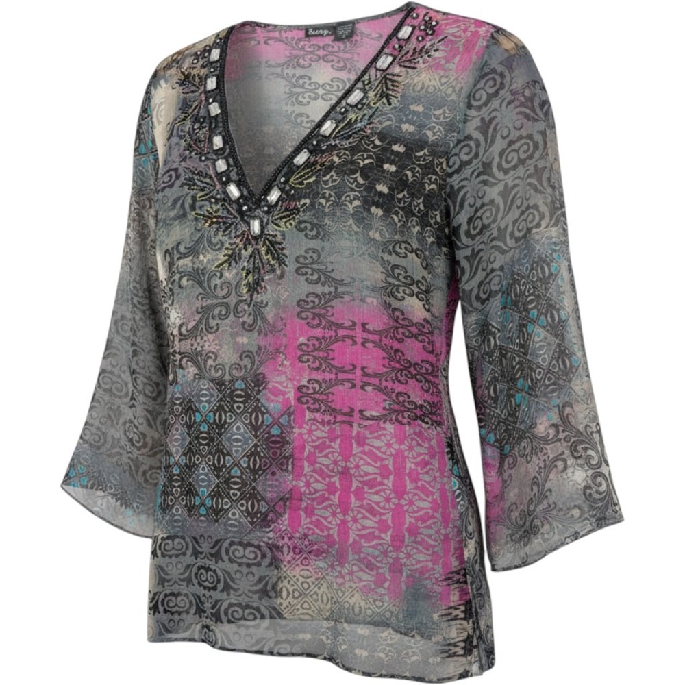 Raviya L Embellished Sheer Tunic Top Beaded Sparkly Paisley Purple Grey Cover Up